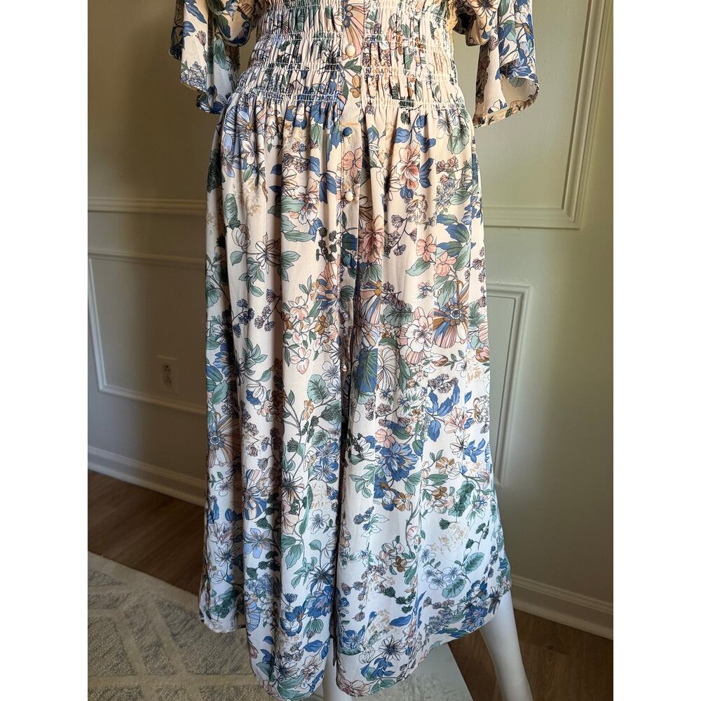 Bohme Floral Midi Dress Smocked Waist Cottagecore Prairie Boho Feminine Small - Picture 3 of 8